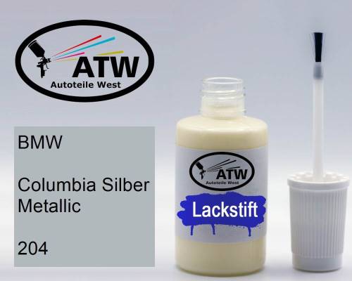 BMW, Columbia Silber Metallic, 204: 20ml Lackstift, von ATW Autoteile West.